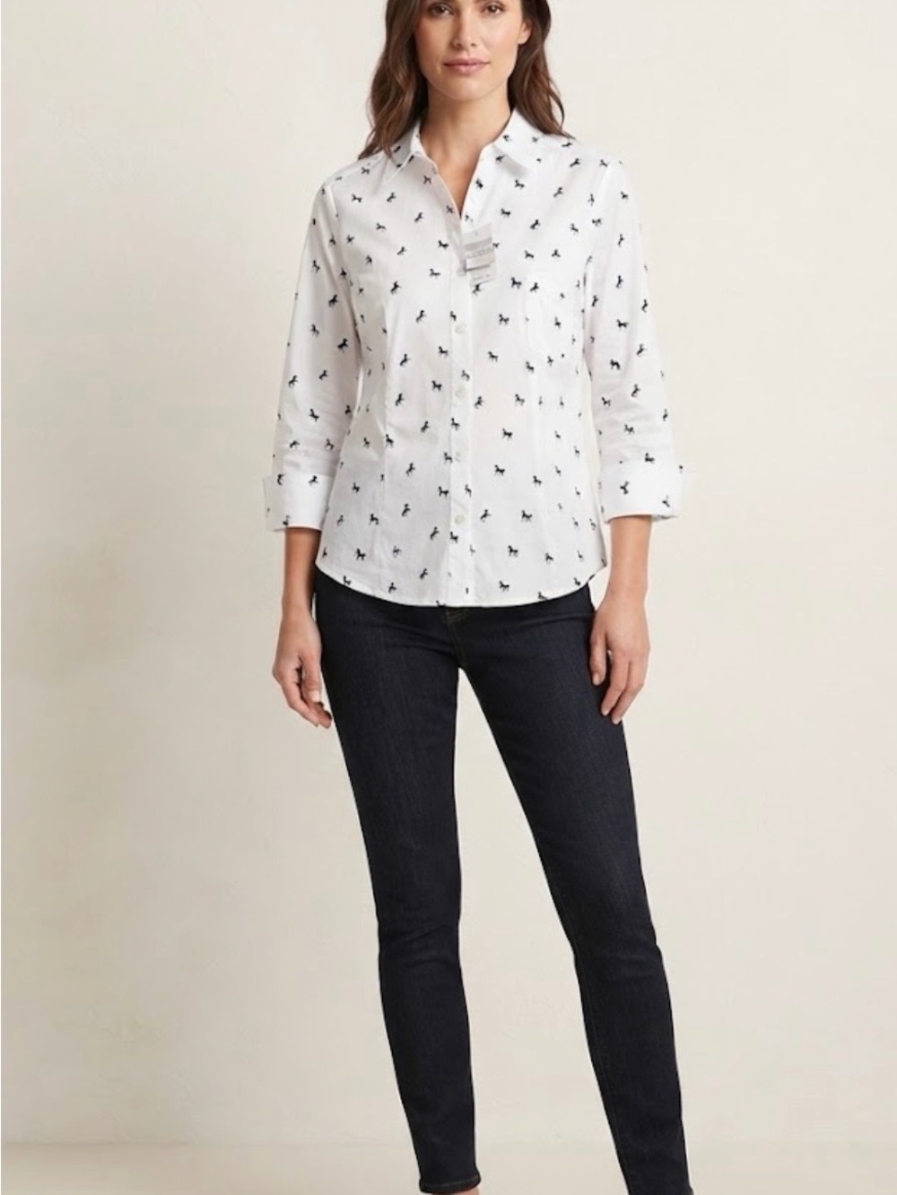 Emily Daniels White Black Horse Print Button Down Shirt Blouse XL NWT